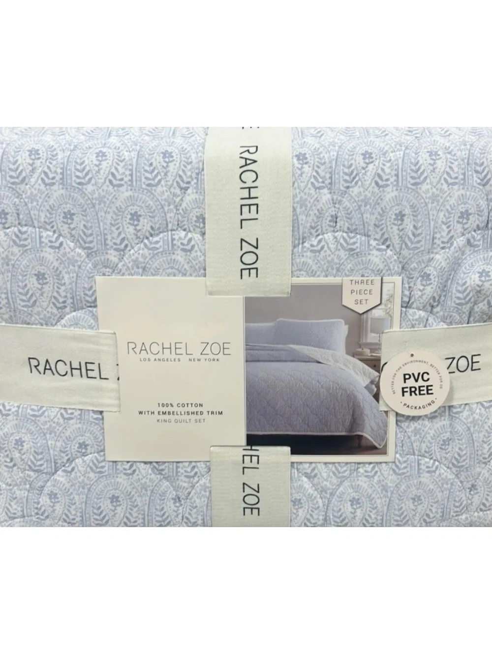 Rachel Zoe Blue and White Cotton with Embellished Trim King Quilt Set 106”x92”